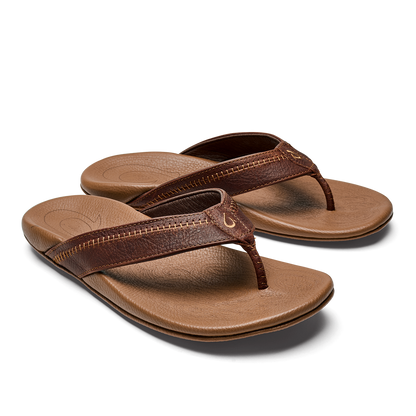 OluKai Hiapo -Dark Java / Toffee Men’s Leather Beach Sandals for Men
